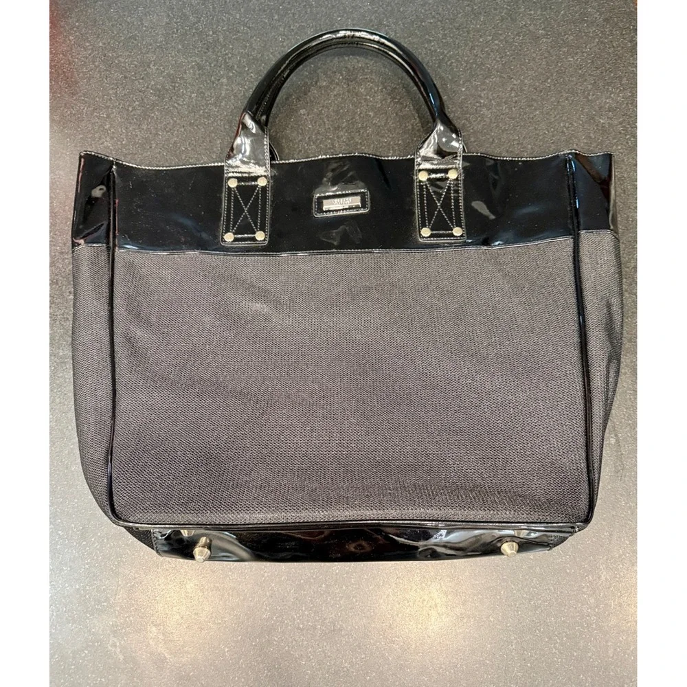 Versace Parfums Tote Bag Large Black Patent Canvas Travel Shopper Designer